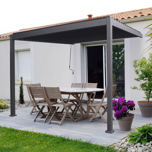 Aluminium Wall Mounted Pergola - 3.6m x 3m Rectangular - Grey