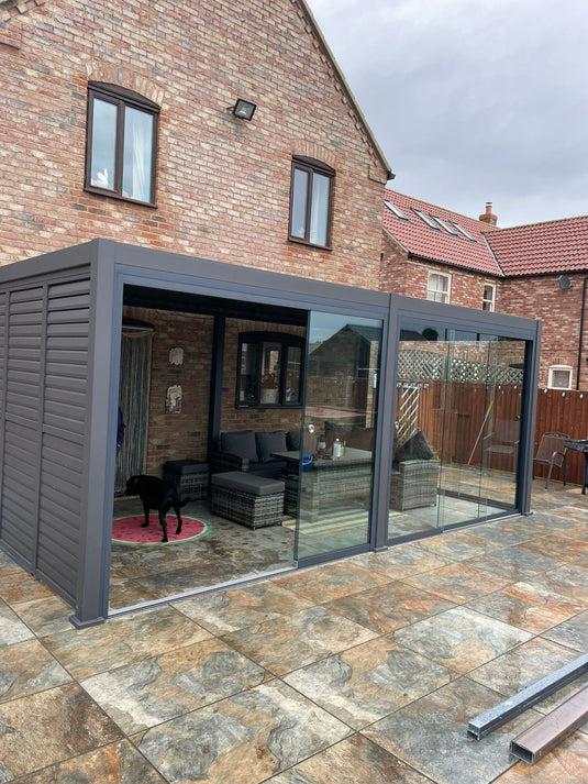 Blakesleys Aluminium Pergola - Glass Sliding Door System - New Model