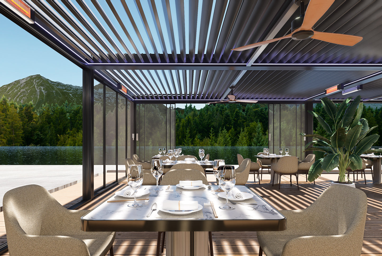 PergoTec M6 PRO Aluminium Pergola Motorised Roof / Rain Sensor & Led Lights