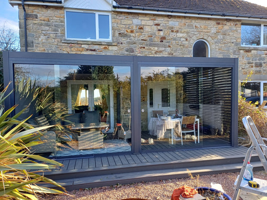 Blakesleys Aluminium Pergola - Glass Sliding Door System - New Model